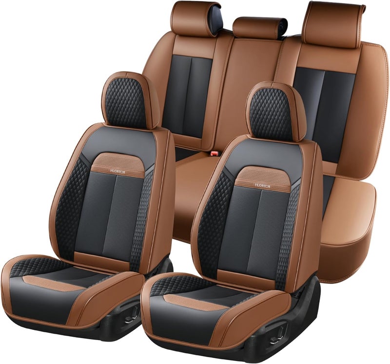 FLORICH Leather Car Seat Covers Full Set, Breathable Waterproof Nappa Leather Seat Covers, Gary Seat Covers, Automotive Interior Cover Universal for Cars SUV Truck Sedan - Coffee - Image 1