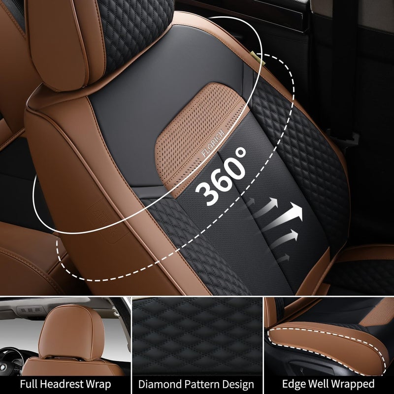 FLORICH Leather Car Seat Covers Full Set, Breathable Waterproof Nappa Leather Seat Covers, Gary Seat Covers, Automotive Interior Cover Universal for Cars SUV Truck Sedan - Coffee - Image 4