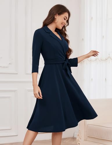 Meetjen Women's Vintage Tea Dress Swing 3/4 Sleeve Cocktail Party Wedding Guest Formal Church Work Dresses,Navy,S - Image 3