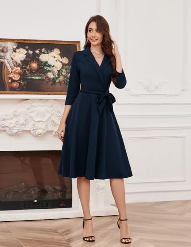 Meetjen Women's Vintage Tea Dress Swing 3/4 Sleeve Cocktail Party Wedding Guest Formal Church Work Dresses,Navy,S - Image 2