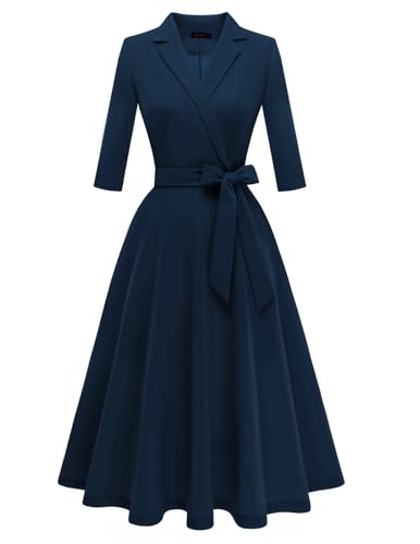 Meetjen Women's Vintage Tea Dress Swing 3/4 Sleeve Cocktail Party Wedding Guest Formal Church Work Dresses,Navy,S - Image 1