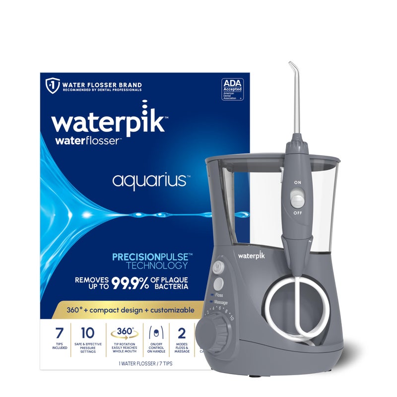 Waterpik Aquarius Water Flosser For Teeth Cleaning, Gums, Braces, Dental Care, Electric Power With 10 Settings, 7 Tips For Multiple Users And Needs, ADA Accepted, Gray WP-667, Packaging May Vary - Image 1