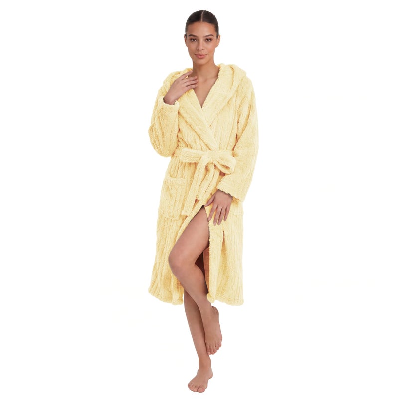 HEARTNICE Fuzzy Soft Robes for Women, Long Plush Hooded Robe Fluffy Warm Bathrobes(Light Yellow,S/M) - Image 1