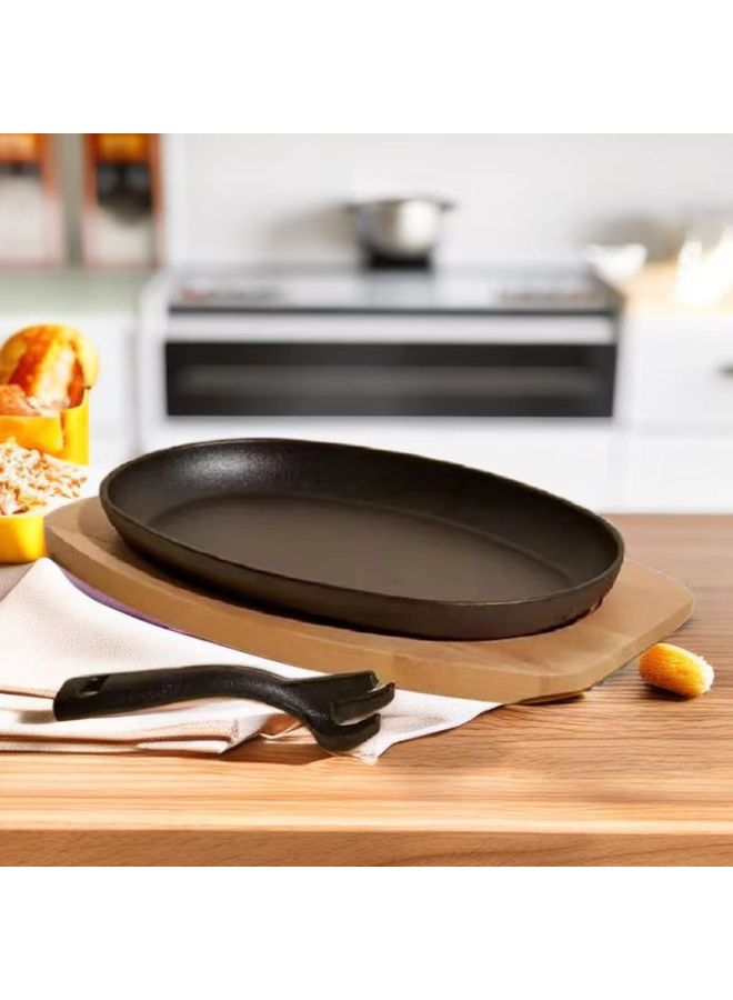 Iron Plate Cast Iron Oval Steak Frying Pan Thickened Barbecue Plate Household Gas Commercial Barbecue Korean Style Grilled Fish Plate-Specifications:Oval Plate (917) + Wooden Holder + Iron Claw - Image 2
