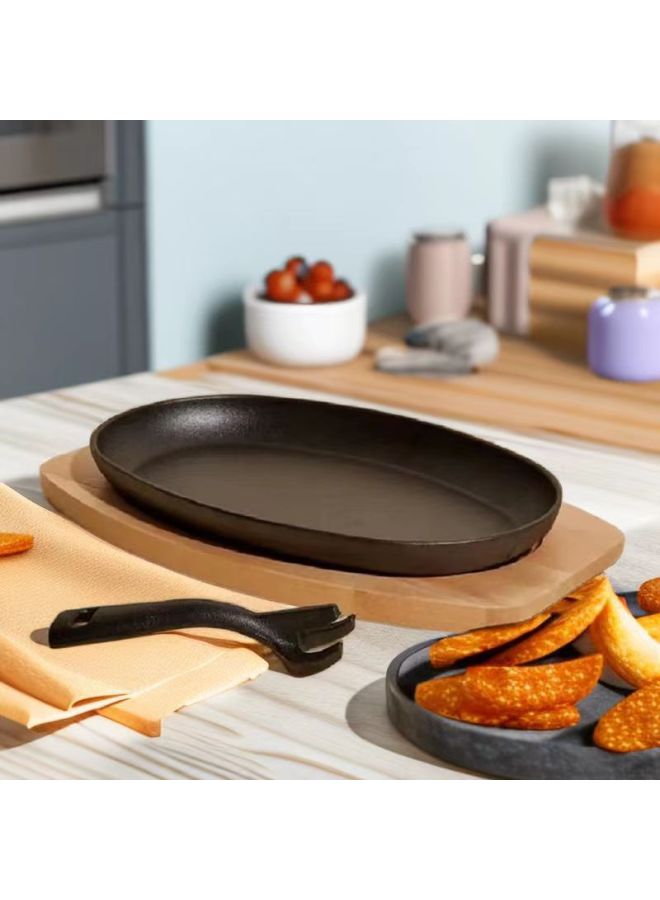 Iron Plate Cast Iron Oval Steak Frying Pan Thickened Barbecue Plate Household Gas Commercial Barbecue Korean Style Grilled Fish Plate-Specifications:Oval Plate (917) + Wooden Holder + Iron Claw - Image 3