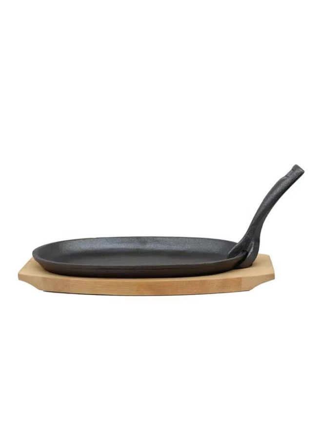 Iron Plate Cast Iron Oval Steak Frying Pan Thickened Barbecue Plate Household Gas Commercial Barbecue Korean Style Grilled Fish Plate-Specifications:Oval Plate (917) + Wooden Holder + Iron Claw - Image 1
