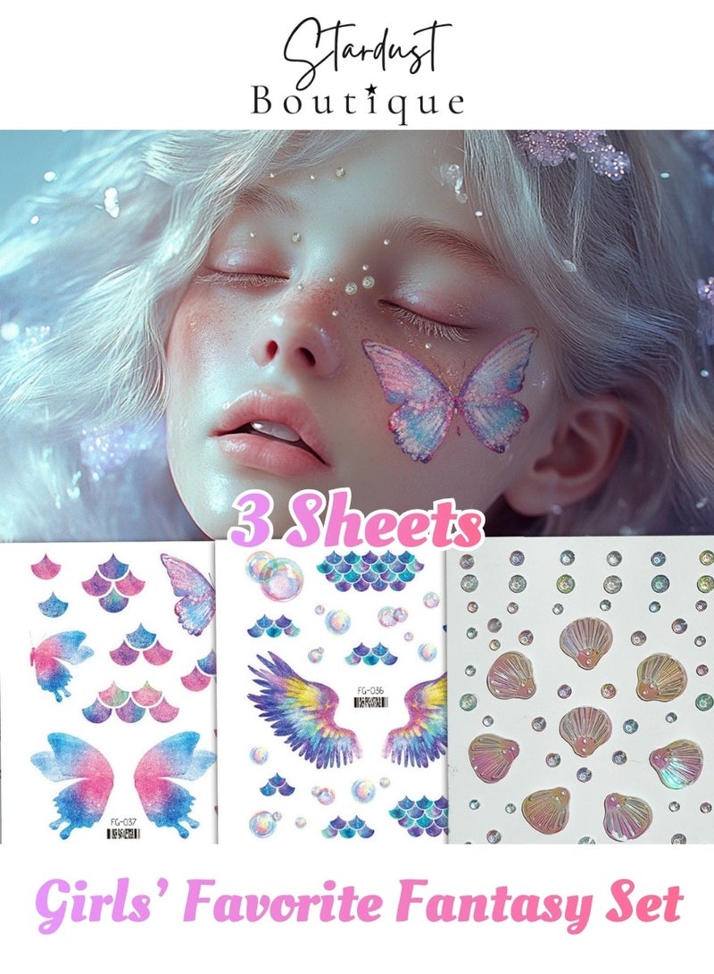 ستاردست بوتيك 3 Sheets ملصقات وجه بفراشات وحورية البحر — تاتو لاصق + أحجار لؤلؤ وصدف لامعة - Image 1