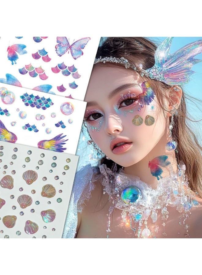 ستاردست بوتيك 3 Sheets ملصقات وجه بفراشات وحورية البحر — تاتو لاصق + أحجار لؤلؤ وصدف لامعة - Image 3