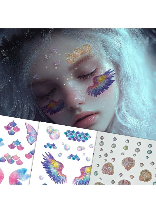 ستاردست بوتيك 3 Sheets ملصقات وجه بفراشات وحورية البحر — تاتو لاصق + أحجار لؤلؤ وصدف لامعة - Image 2