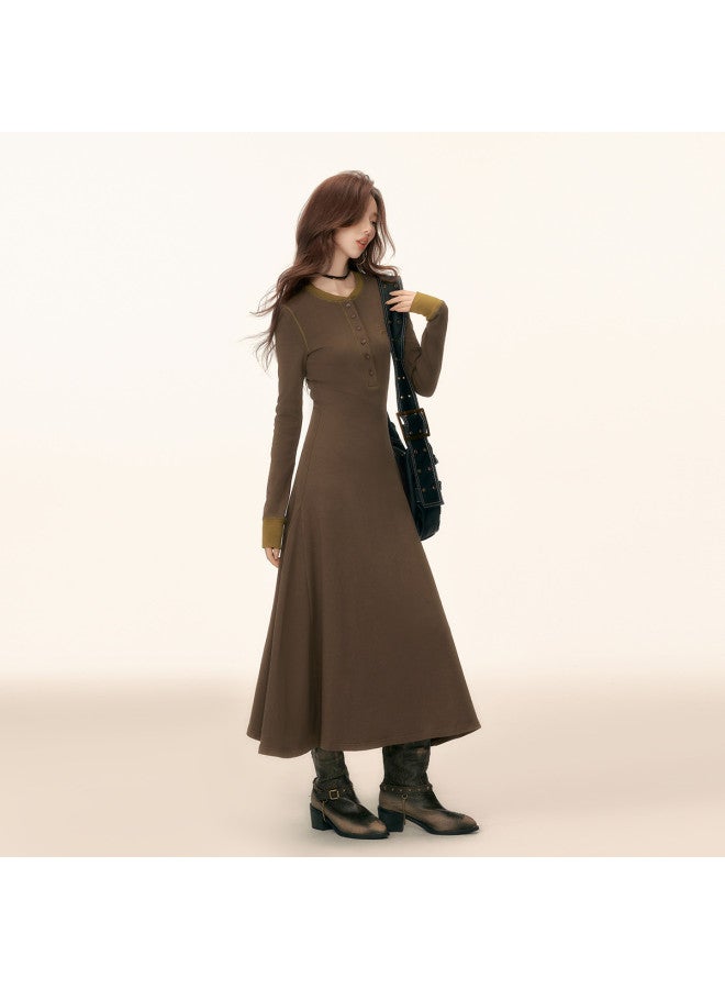 EPTISON Long Women'S Dress For Autumn, Retro Academic Style Contrast Color Embroidered Long Skirt, Versatile Round Neck A-Line Skirt - Image 3