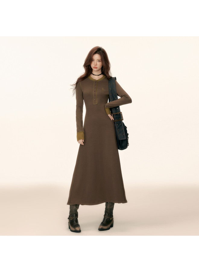 EPTISON Long Women'S Dress For Autumn, Retro Academic Style Contrast Color Embroidered Long Skirt, Versatile Round Neck A-Line Skirt - Image 2