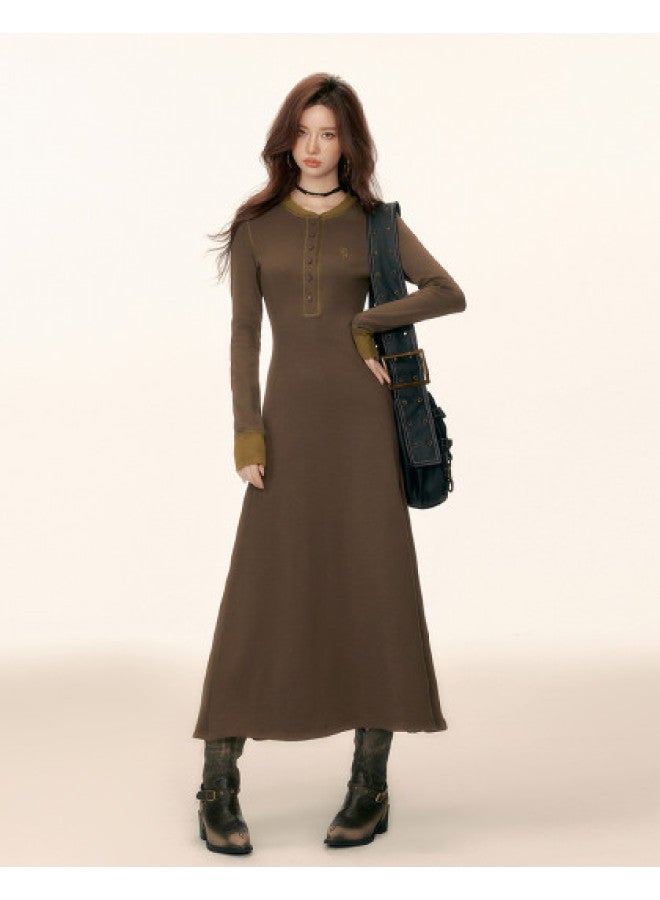 EPTISON Long Women'S Dress For Autumn, Retro Academic Style Contrast Color Embroidered Long Skirt, Versatile Round Neck A-Line Skirt - Image 1