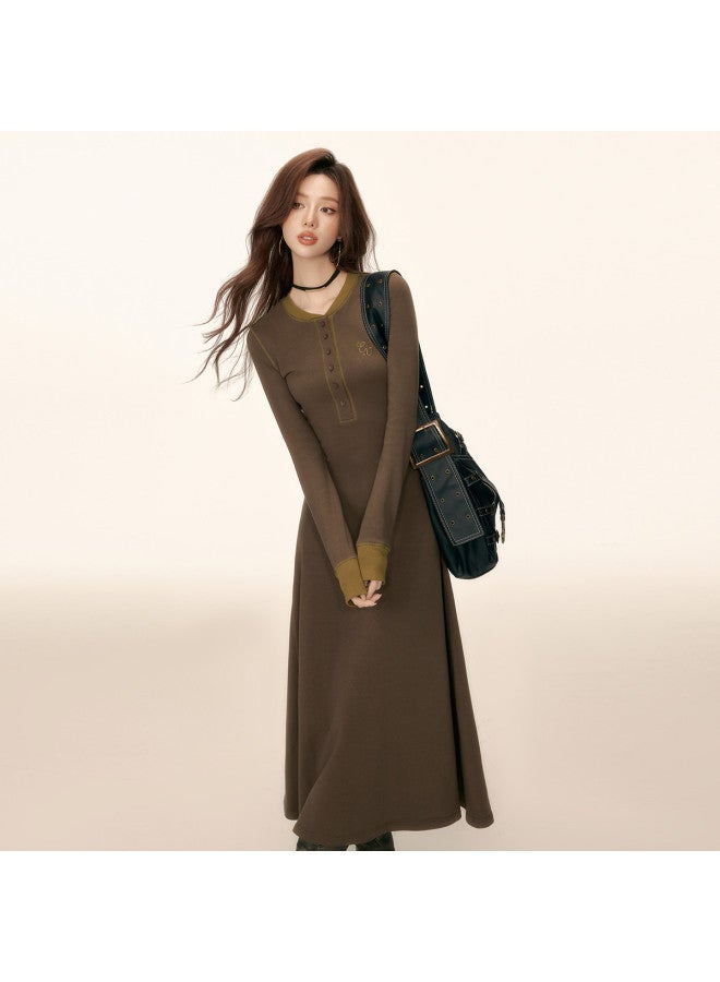 EPTISON Long Women'S Dress For Autumn, Retro Academic Style Contrast Color Embroidered Long Skirt, Versatile Round Neck A-Line Skirt - Image 4
