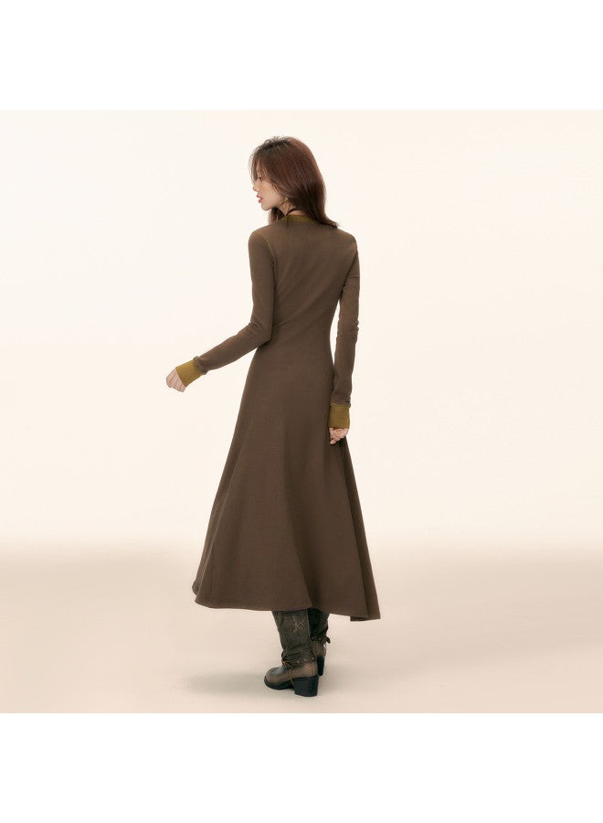 EPTISON Long Women'S Dress For Autumn, Retro Academic Style Contrast Color Embroidered Long Skirt, Versatile Round Neck A-Line Skirt - Image 5