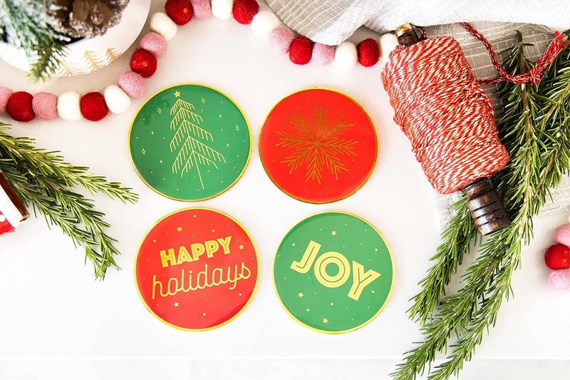 Pearhead Holiday Christmas Drink Coasters Green and Red Festive Party Coasters Holiday Home Decorations Christmas Holiday Coasters Set of 4 - Image 2