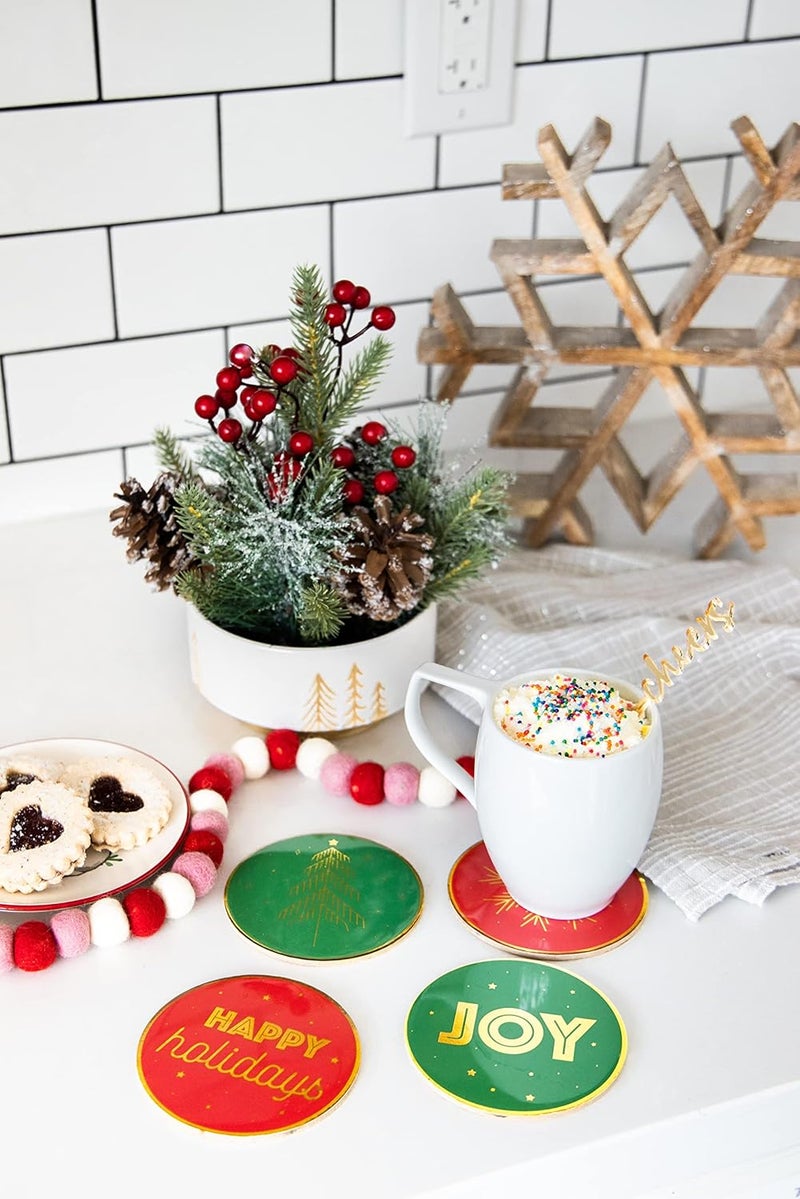 Pearhead Holiday Christmas Drink Coasters Green and Red Festive Party Coasters Holiday Home Decorations Christmas Holiday Coasters Set of 4 - Image 4