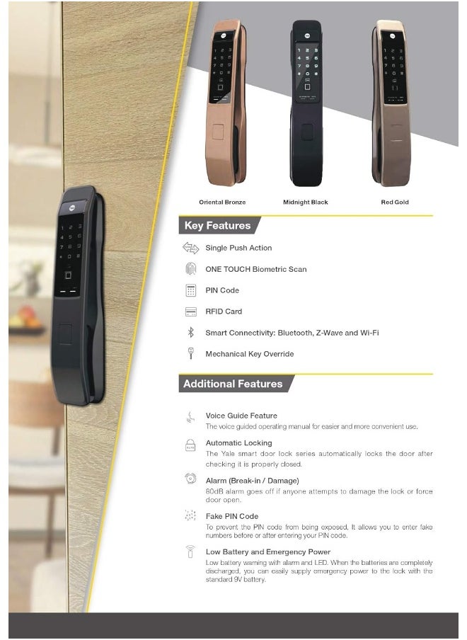 Yale Yale YMI 70 Push Pull Smart Door Lock with Biometric, Pin Code, RF Card, Bluetooth, Mechanical Keys & App Enabled Access, Wi-Fi Optional  - Image 5