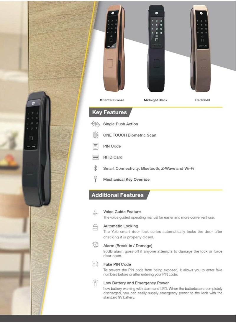 Yale - Yale YMI 70 Push Pull Smart Door Lock with Biometric, Pin Code, RF Card, Bluetooth, Mechanical Keys & App Enabled Access, Wi-Fi Optional, Color - Matt Black - Image 1