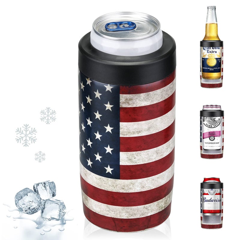 Maxso Slim Can Cooler 4in1 Double Walled Stainless Steel Insulated Beer Can Holder Works With All 12 Oz CansBottles  As A Pint Cups  America Flag