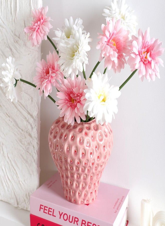 SANFERGE Strawberry Ceramic Flower Vase, Decorative Cute Ornament Vase for Aesthetic Decor Flower Arrangement, Unique for Colorful Modern Vintage Home Kitchen Office Decor Centerpiece, Pink 7inch - Image 3