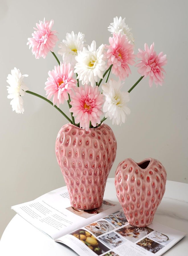 SANFERGE Strawberry Ceramic Flower Vase, Decorative Cute Ornament Vase for Aesthetic Decor Flower Arrangement, Unique for Colorful Modern Vintage Home Kitchen Office Decor Centerpiece, Pink 7inch - Image 5