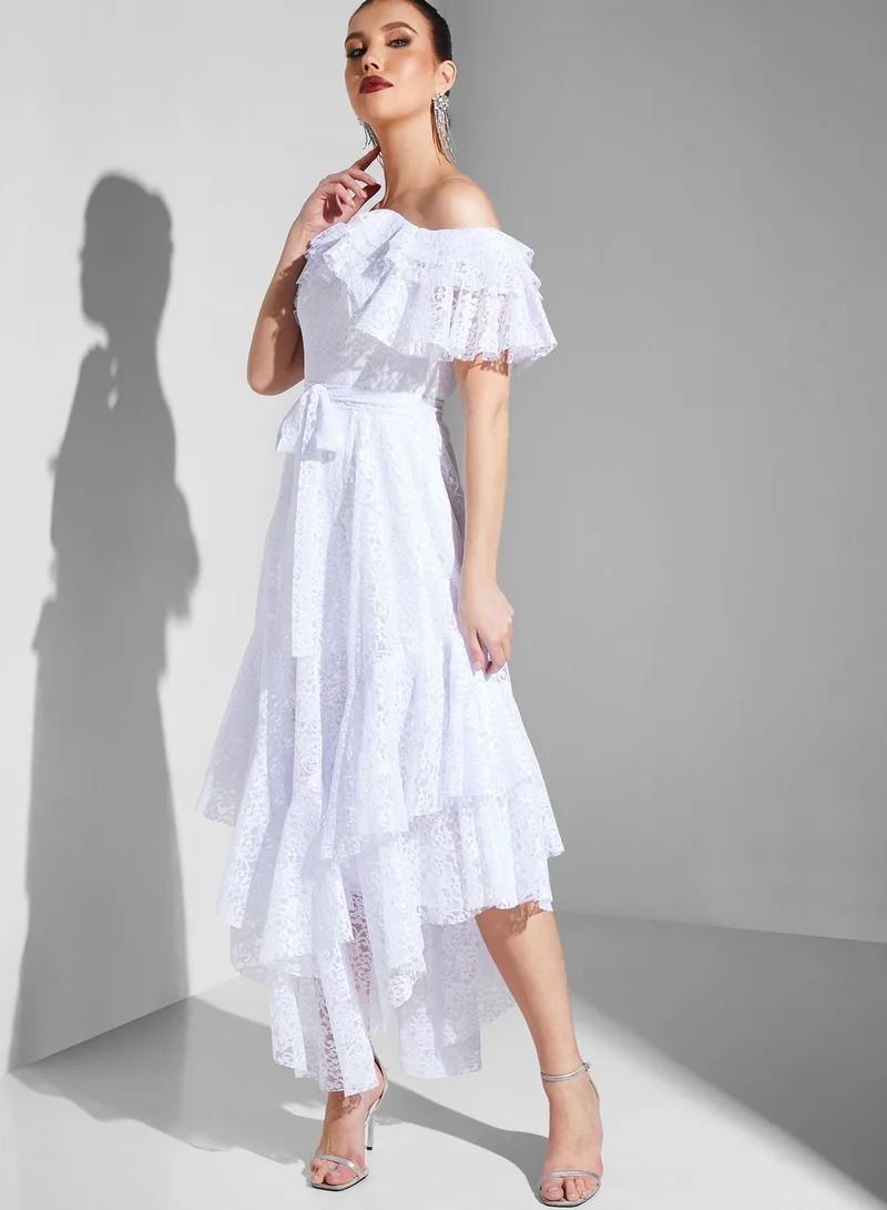 Iyra Bardot Tiered Asymmetrical Dress