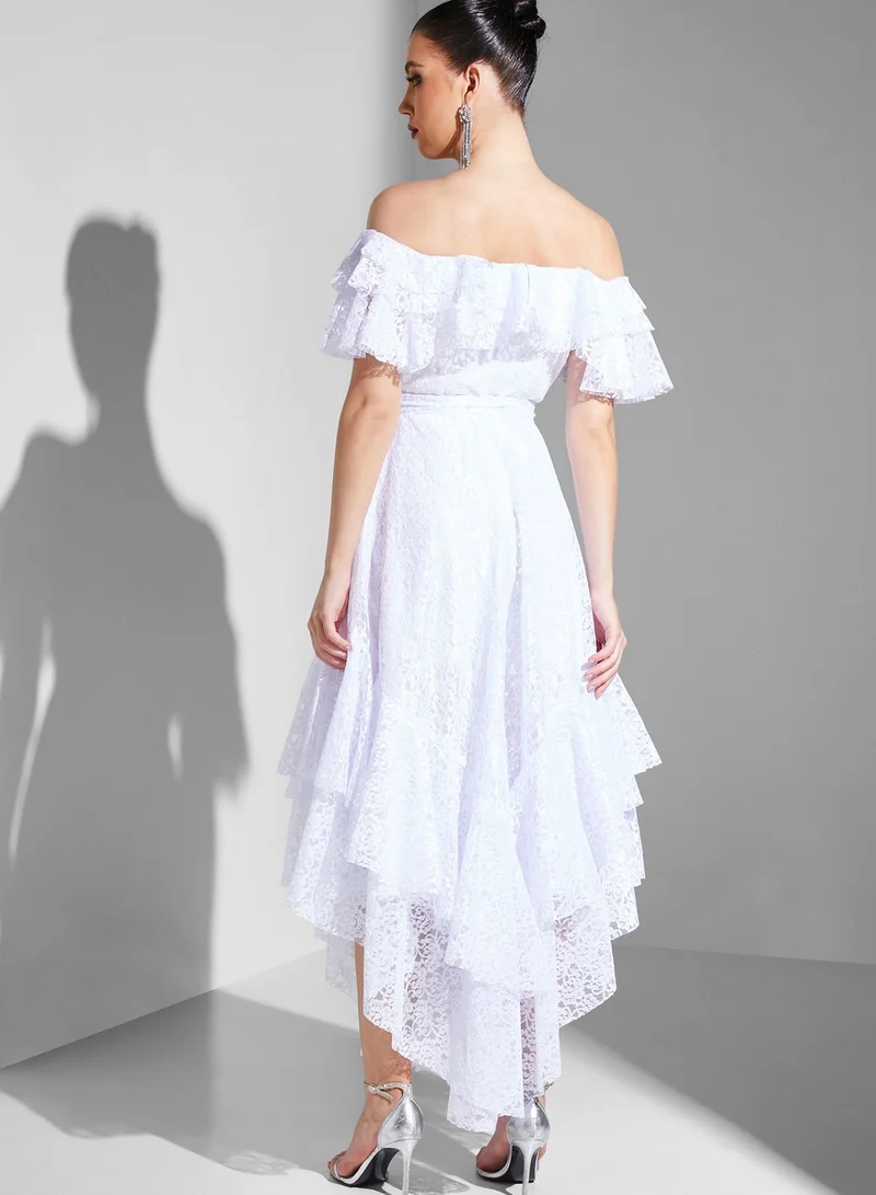 Iyra Bardot Tiered Asymmetrical Dress