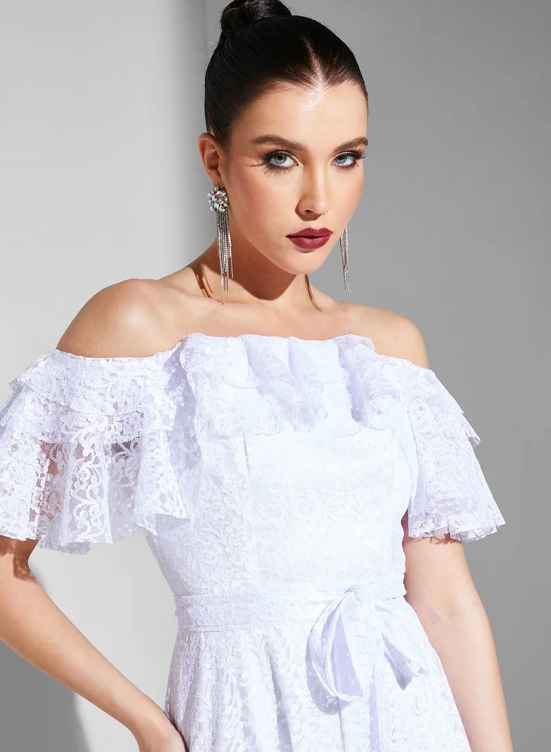 Iyra Bardot Tiered Asymmetrical Dress