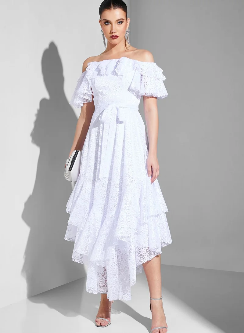 Iyra Bardot Tiered Asymmetrical Dress