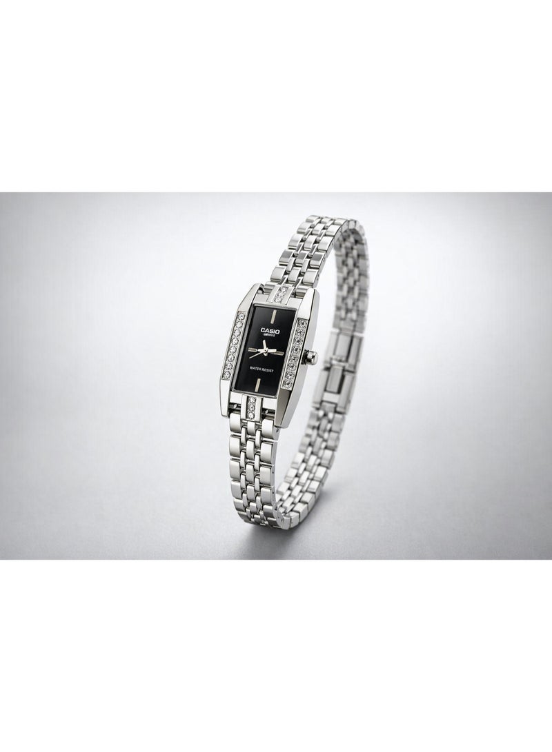 Casio Women's Elegant Analog Watch – Black Dial Silver Stainless Steel Bracelet with Crystal Accents Water Resistant