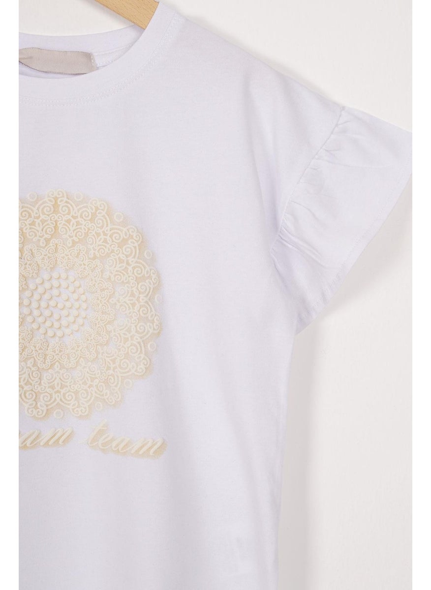 WEWE - Frilled Sleeves Text Printed White Color Girls T-shirt - Image 1