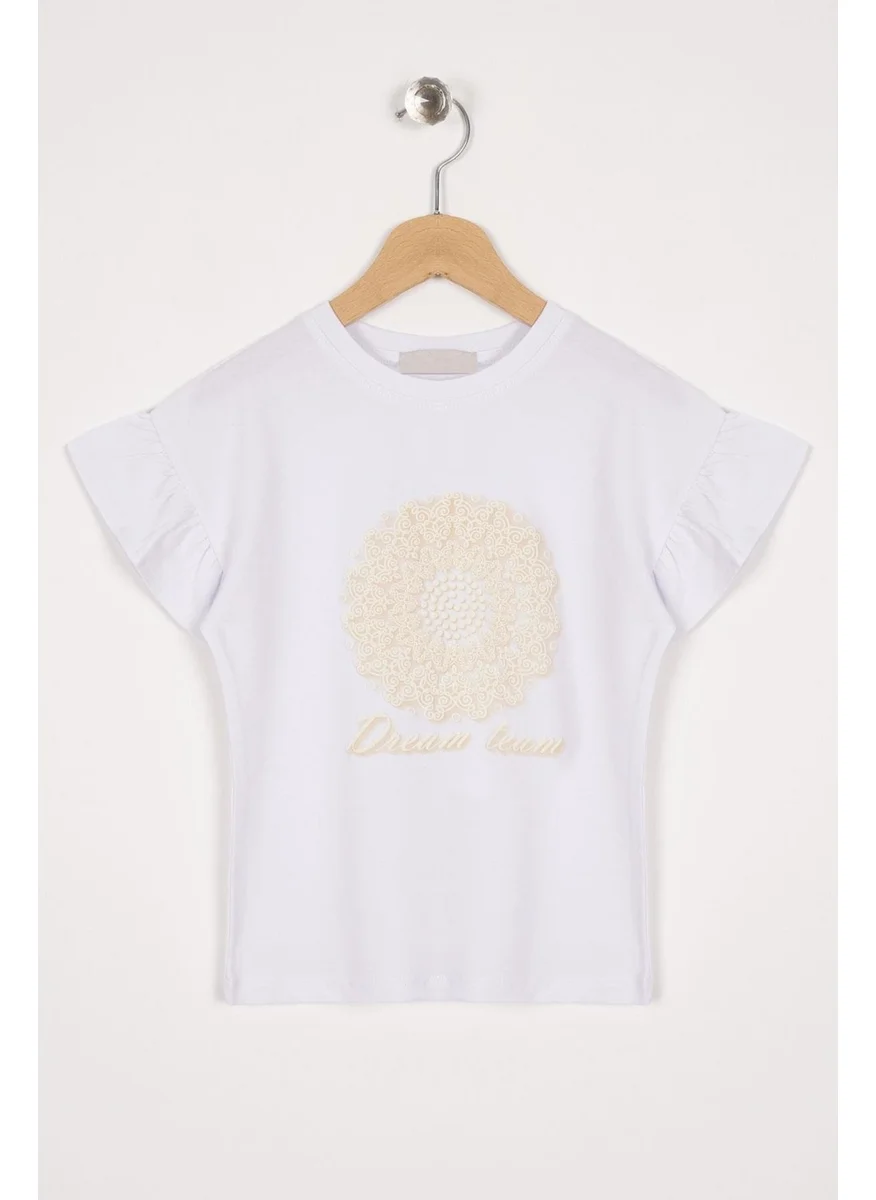 وي وي Frilled Sleeves Text Printed White Color Girls T-shirt