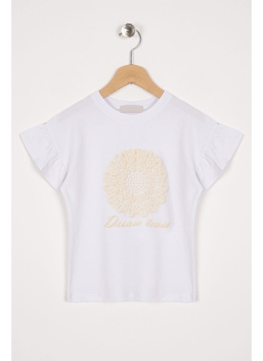 WEWE - Frilled Sleeves Text Printed White Color Girls T-shirt - Image 1
