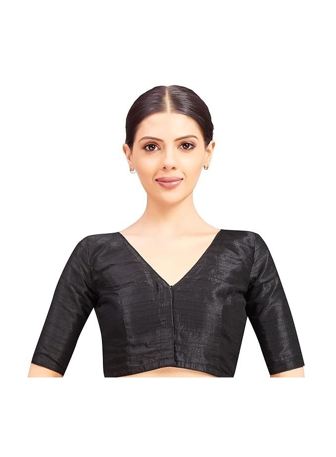 Studio Shringaar Women Readymade Raw Silk V Neck Saree Half Sleeve Blouse - Image 1