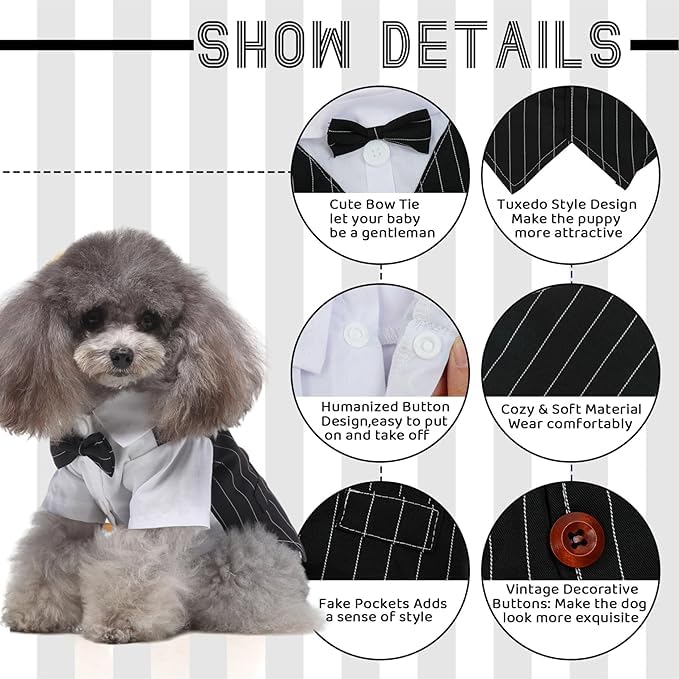 KUTKUT Dog Cat Wedding Shirt, Dog Striped Tuxedo with Bow Tie D-Ring, Dog Wedding Formal Suit, Doggie Prince Gentleman Costume for Small Dogs & Cats (Size: M, Chest: 38-42cm) - Image 2