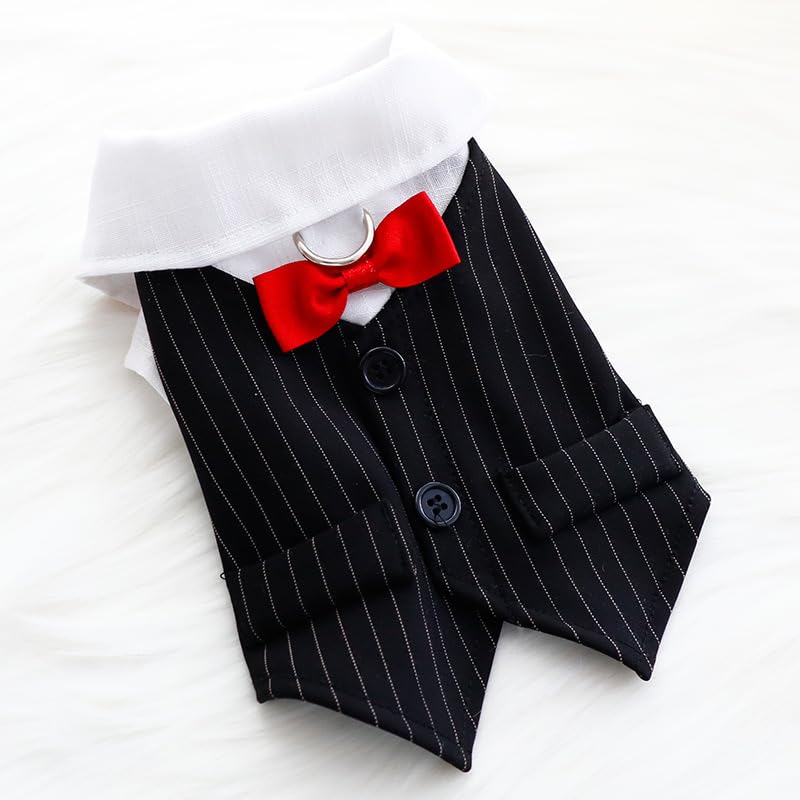 KUTKUT Dog Cat Wedding Shirt, Dog Striped Tuxedo with Bow Tie D-Ring, Dog Wedding Formal Suit, Doggie Prince Gentleman Costume for Small Dogs & Cats (Size: M, Chest: 38-42cm) - Image 1