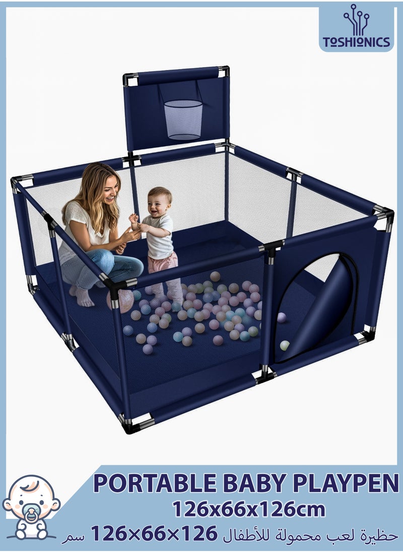 Toshionics Portable Baby Playpen, Foldable Safety Fence for Kids & Toddlers, Indoor & Outdoor Use, Activity Center with 30 Balls, Easy Fold Play Yard, Baby Safety Playpen with Basketball Hoop  - Image 1