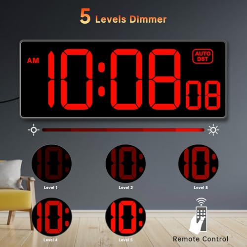 Soobest Digital Wall Clock with Seconds for Gym, Remote Countdown Timer Large LED Display 5 Dimmer (10.2" Red) - Image 3