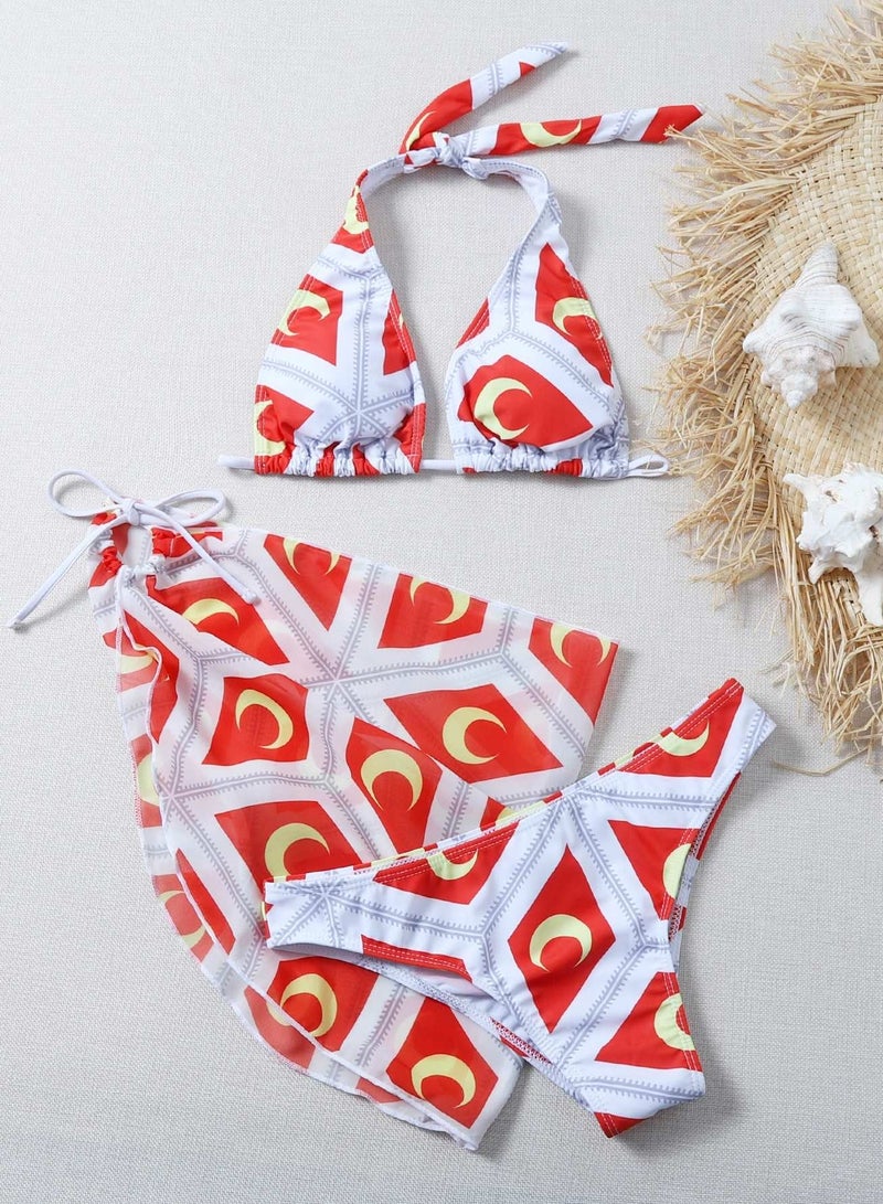 Generic 3pack Geo & Moon Print Halter Bikini Swimsuit & Beach Skirt  - Image 1