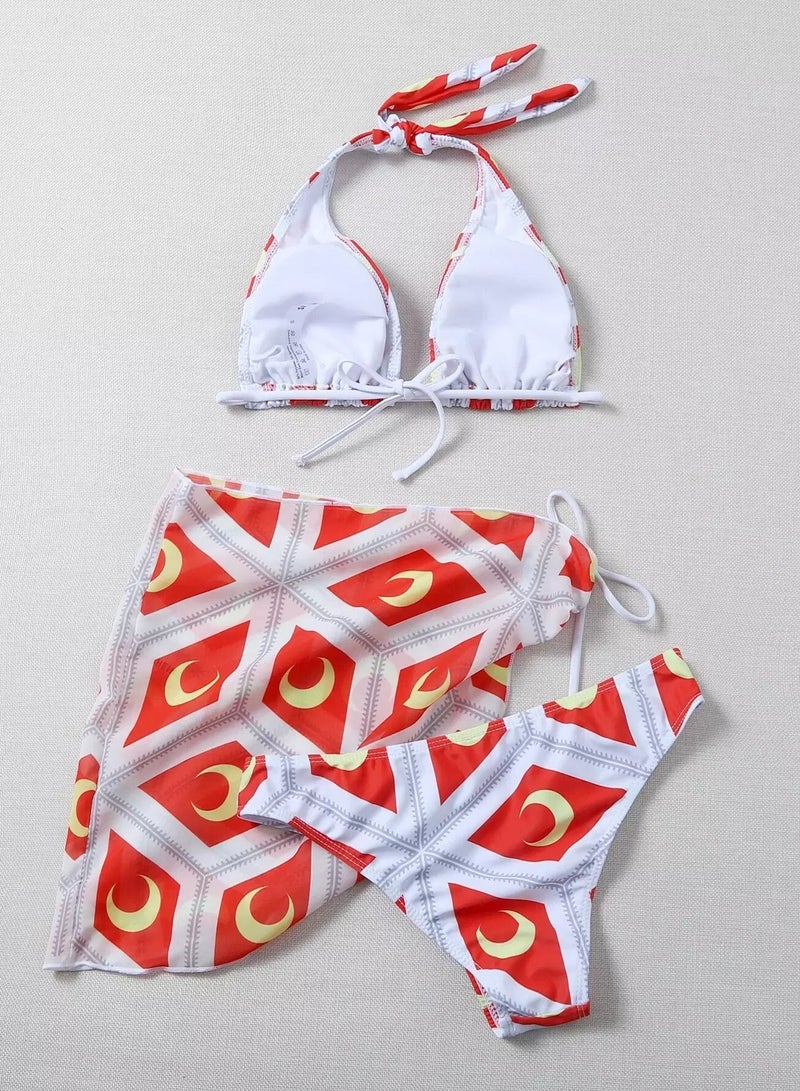 Generic 3pack Geo & Moon Print Halter Bikini Swimsuit & Beach Skirt  - Image 3