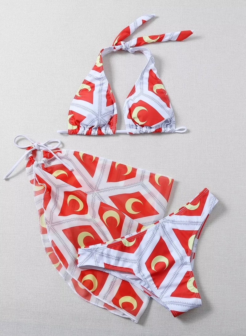 Generic 3pack Geo & Moon Print Halter Bikini Swimsuit & Beach Skirt  - Image 5