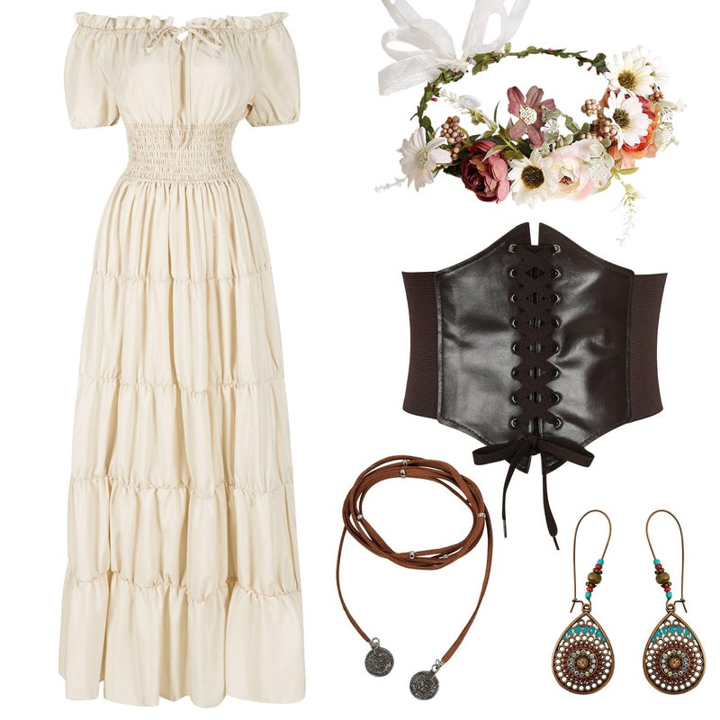 HSDOU 5 Pcs Renaissance Medieval Costume Dress Women Fairy Dress Peasant Cottagecore Dress 1700s Victorian Fantasy Fairy Costume(Z3768WH,S) - Image 1