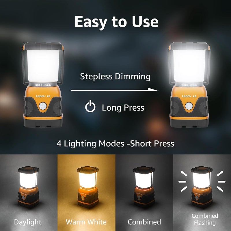 Lepro 1000LM Battery Powered LED Camping Lantern, Orange Tent Light with 4 Light Modes, Camping Essentials, Waterproof Lantern Flashlight for Camping, Emergency Light, Power Outage, Not Rechargeable - Image 3