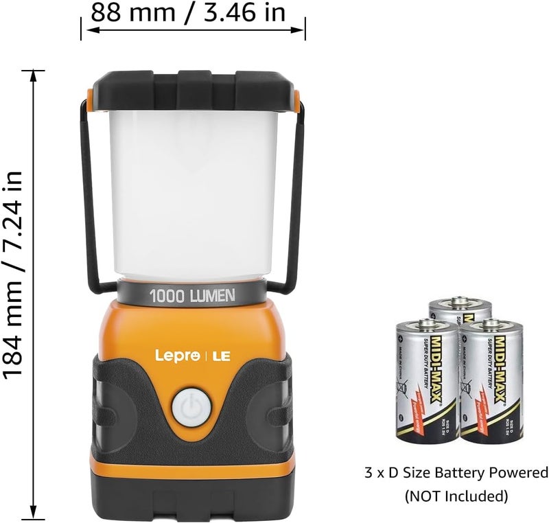 Lepro 1000LM Battery Powered LED Camping Lantern, Orange Tent Light with 4 Light Modes, Camping Essentials, Waterproof Lantern Flashlight for Camping, Emergency Light, Power Outage, Not Rechargeable - Image 4