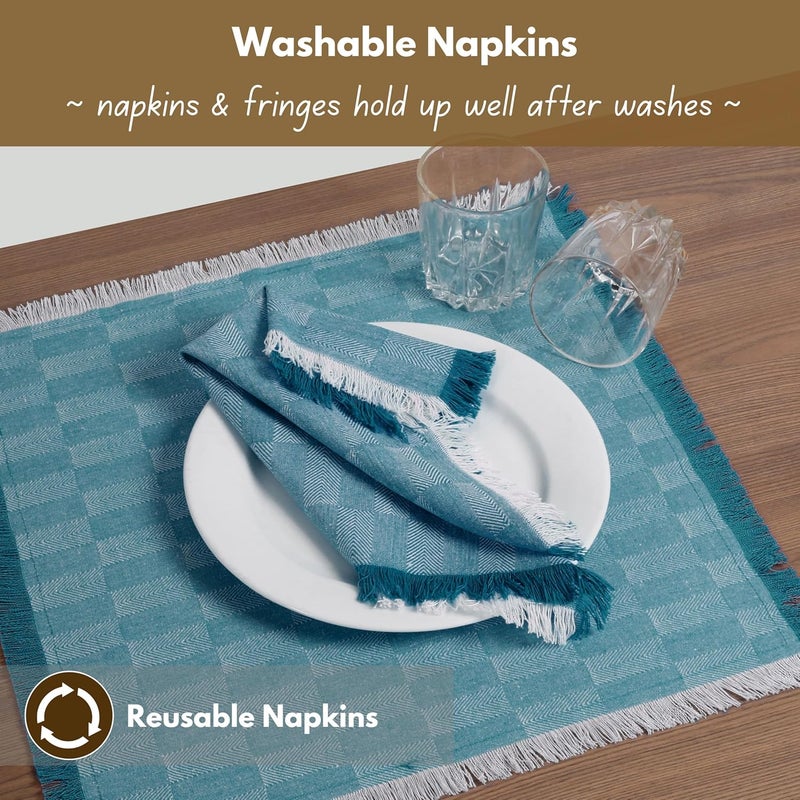 Native Fab Herringbone Cloth Napkins 16x16 inches 100 Cotton Dinner Napkins with Fringes Set of 12 Machine Washable Cloth Napkins Soft Breathable Absorbent Teal Green - Image 5