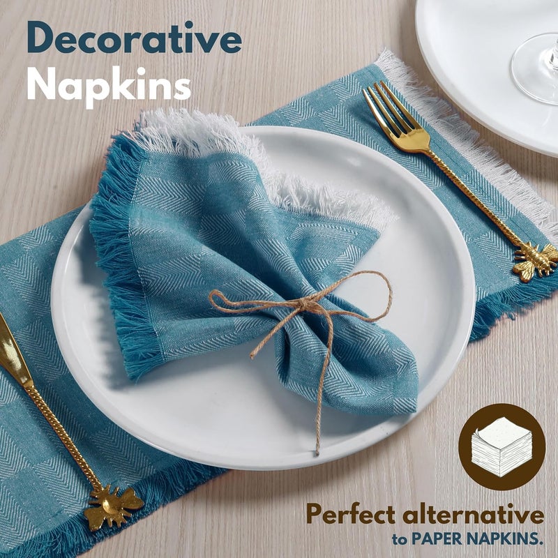 Native Fab Herringbone Cloth Napkins 16x16 inches 100 Cotton Dinner Napkins with Fringes Set of 12 Machine Washable Cloth Napkins Soft Breathable Absorbent Teal Green - Image 3