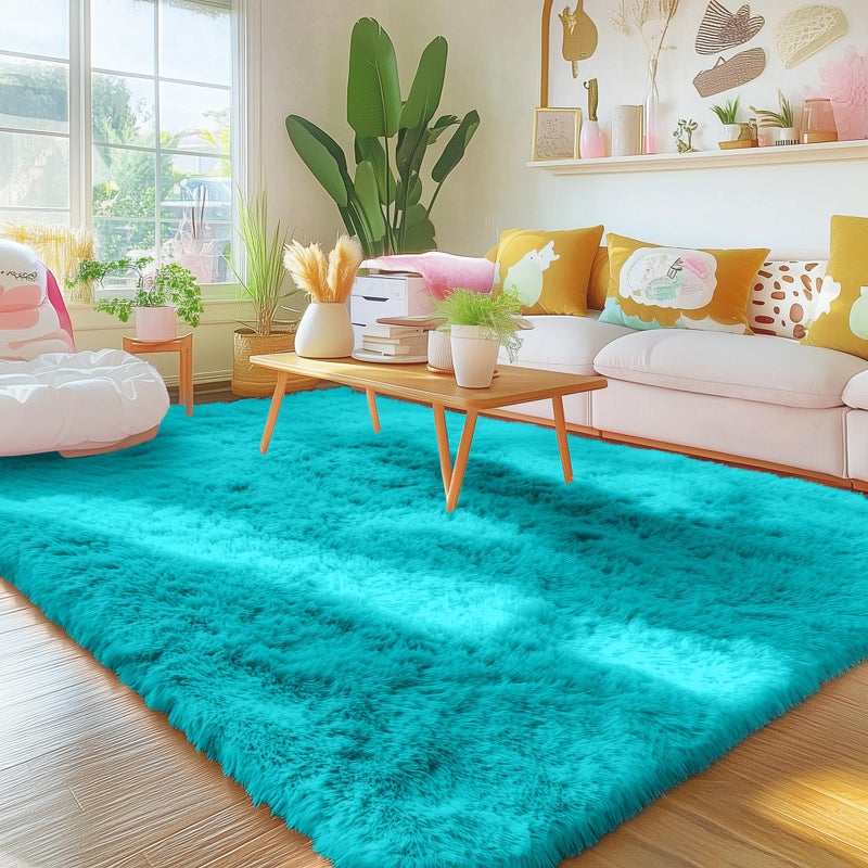 OLANLY Area Rugs for Living Room Bedroom, Machine Washable 4x5.9 ft Soft Fluffy Shaggy Bedside Rug, Indoor Floor Carpet for Kids Girls and Boys, Dorms, Nursery Rooms, Home Decor Aesthetic, Teal Blue - Image 3