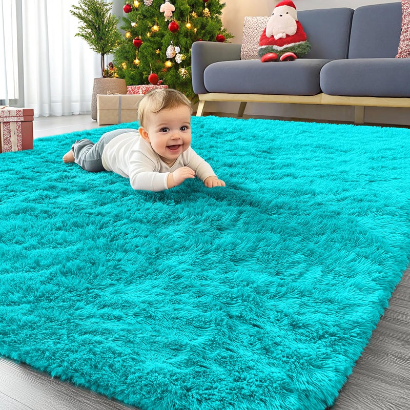 OLANLY Area Rugs for Living Room Bedroom, Machine Washable 4x5.9 ft Soft Fluffy Shaggy Bedside Rug, Indoor Floor Carpet for Kids Girls and Boys, Dorms, Nursery Rooms, Home Decor Aesthetic, Teal Blue - Image 1