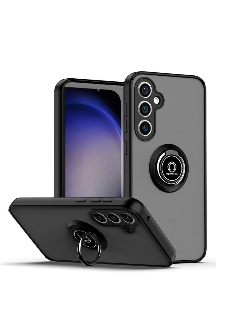 Case Flexible Silicone Case, Camera Protection Thin Translucent Shockproof Matte Back Cover with 360 rotational Magnetic Ring Holder For Samsung Galaxy S24 5G 2024 Black