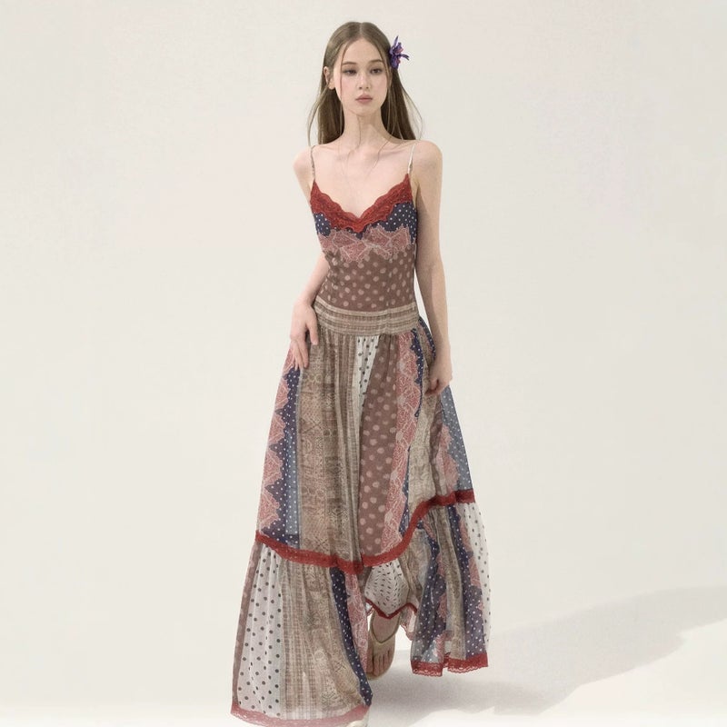 Wooha Summer 2026 Vintage Print Patchwork Long Strap Dress - Image 2